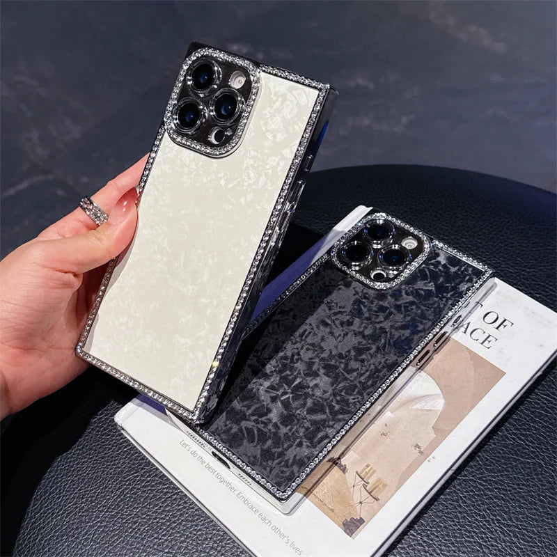 【スクエアシリーズ】大理石風 シェルパール キラキラビジュー スマホケース｜iPhone対応 #250817