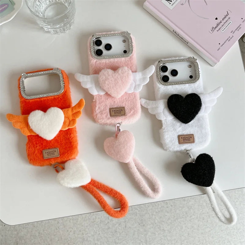 【もこもこエンジェル】ハート × 羽モチーフ ふわふわラブリーケース｜iPhone対応 #240910