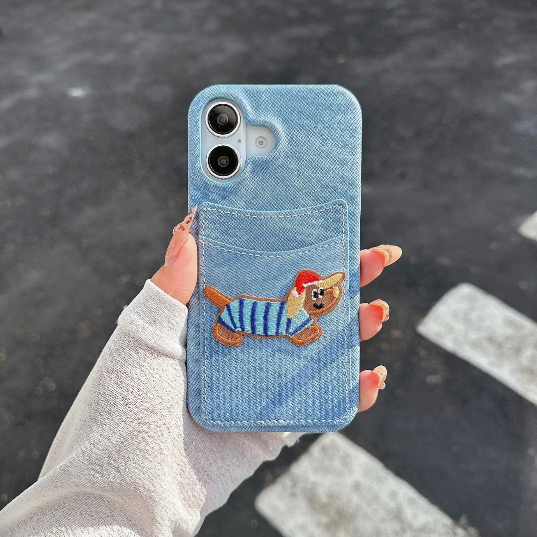 【デニムドッグシリーズ】刺繍ポケット スマホケース｜デニム生地×立体わんこデザイン｜iPhone対応 #241208