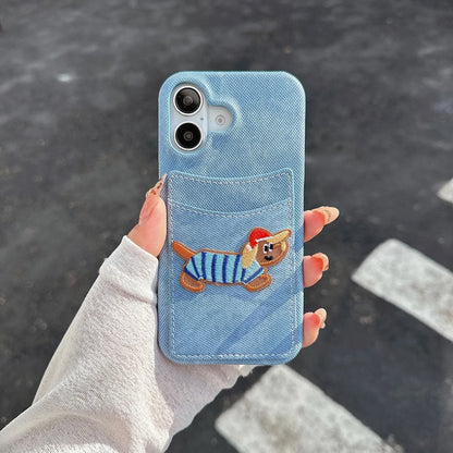 【デニムドッグシリーズ】刺繍ポケット スマホケース｜デニム生地×立体わんこデザイン｜iPhone対応 #241208