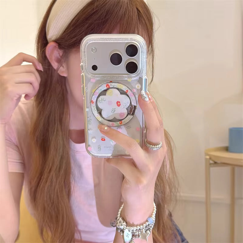 【カラフル】フラワーiPhoneケース Magnetスタンド クリア ｜ナチュラル・韓国風 #231025