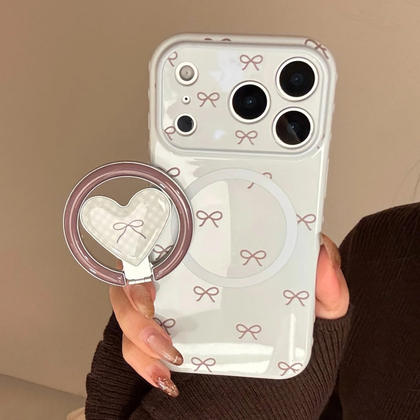 【マグネット式折りたたみハートスタンド付き】プチリボン柄 チェック ハートリング スマホケース｜iPhone対応 #240702