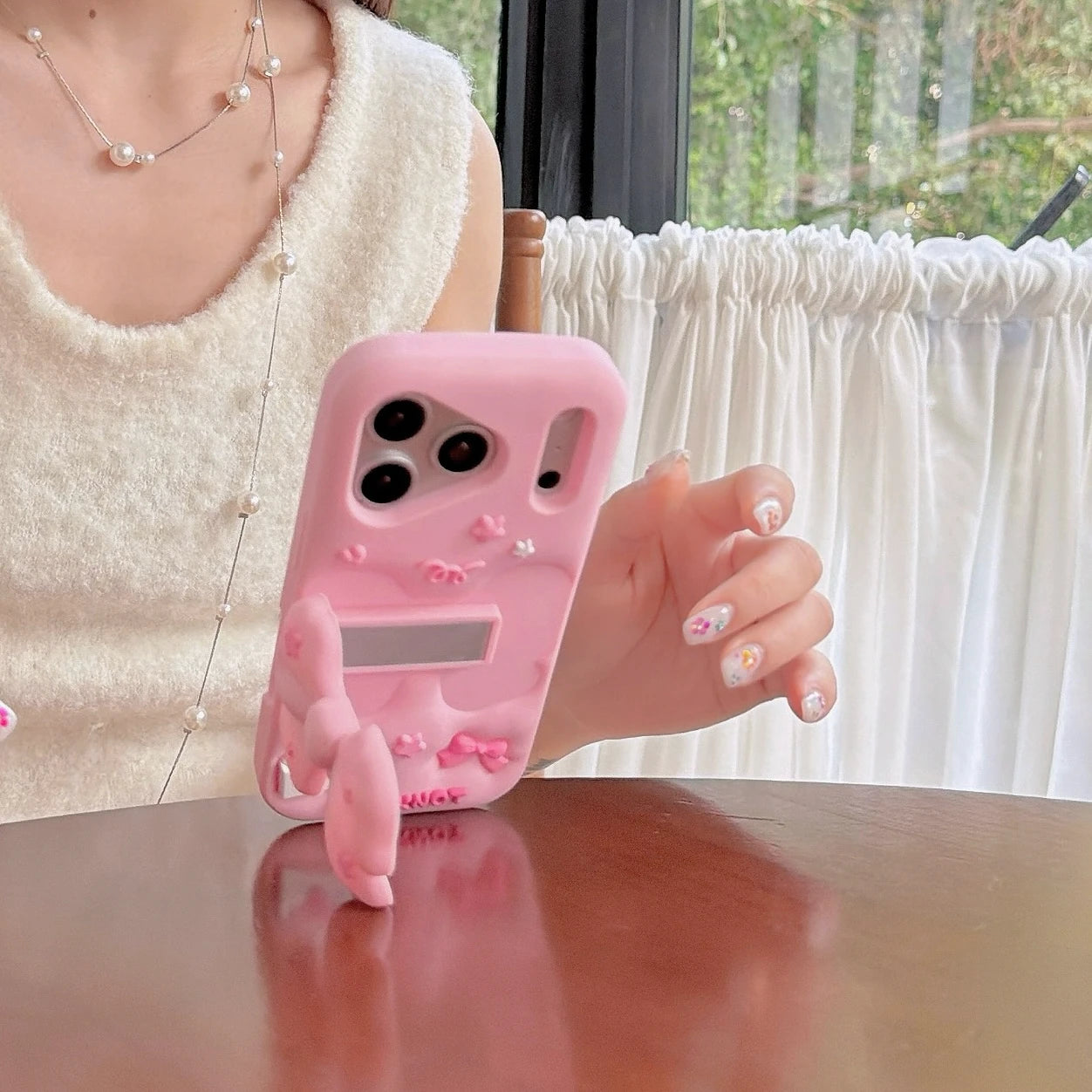 立体 3D リボン スタンド シリコンマット iPhoneケース｜ピンク・ガーリー #231106