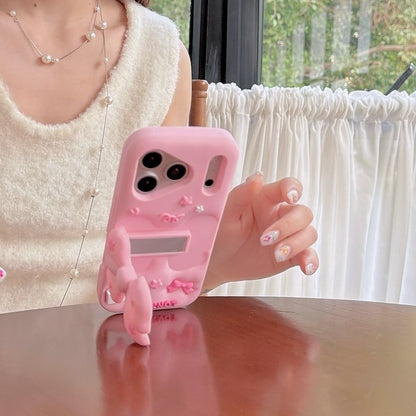 立体 3D リボン スタンド シリコンマット iPhoneケース｜ピンク・ガーリー #231106