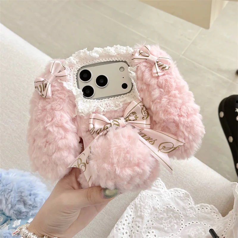 【ロリータファーリボンうさぎ】耳付き ふわもこリボン × レースデザイン ラビット スマホケース｜iPhone対応 #250102