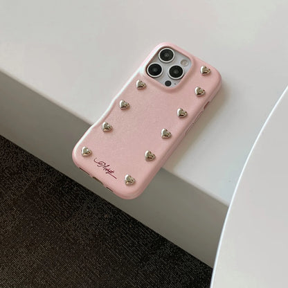 【ハートスタッズシリーズ】シルバーハート レザー デニム調 デザインスマホケース｜iPhone対応 #251217