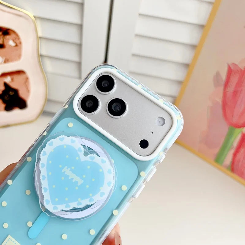 ハートグリップ ビーズストラップ付き ドット柄 韓国風 iPhoneケース #240509