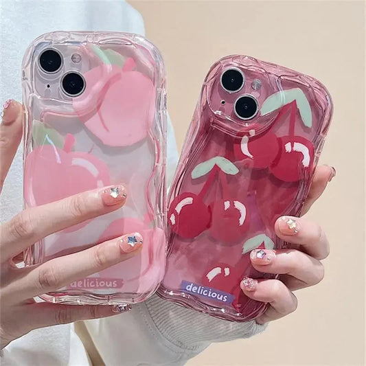 【フルーツシリーズ】立体ピーチ＆チェリー クリアキュート スマホケース｜iPhone対応 #250908