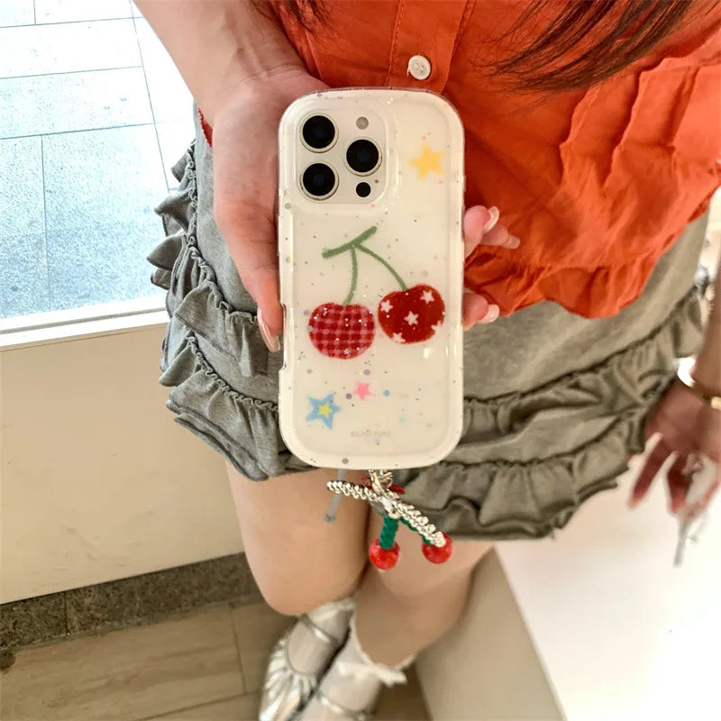 【フルーツシリーズ】赤チェック＆星柄チェリー ポップデザイン クリアスマホケース｜iPhone対応 #251008