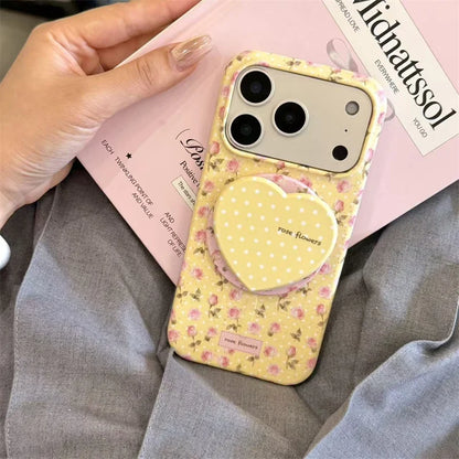 ハートグリップ イエロー花柄 Magnet内蔵 iPhoneケース｜淡色レトロ・大人かわいい #260027