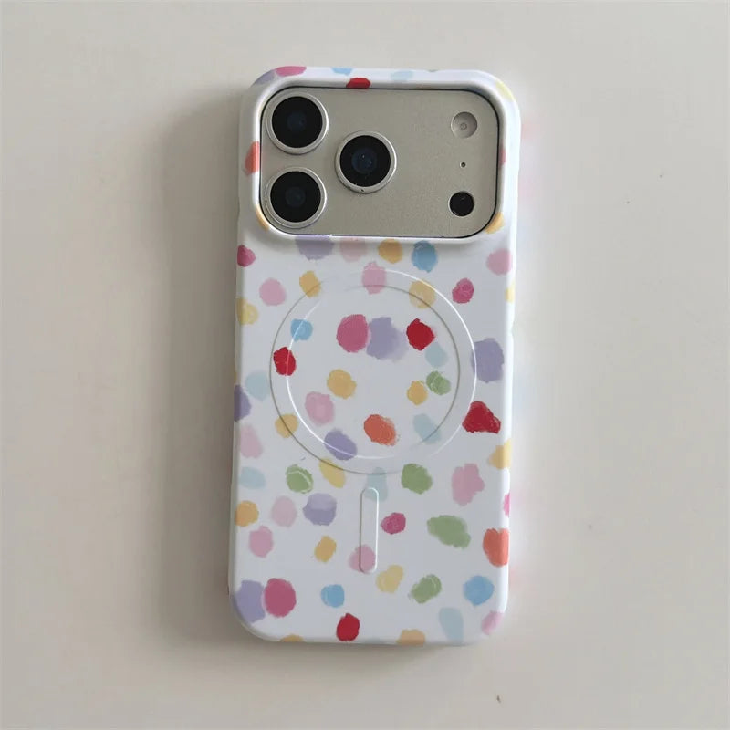 ガーリーポップ カラフルドット 水玉ペイント Magnet内蔵 iPhoneケース｜ハートグリップ付き #230708