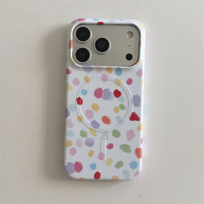 ガーリーポップ カラフルドット 水玉ペイント Magnet内蔵 iPhoneケース｜ハートグリップ付き #230708