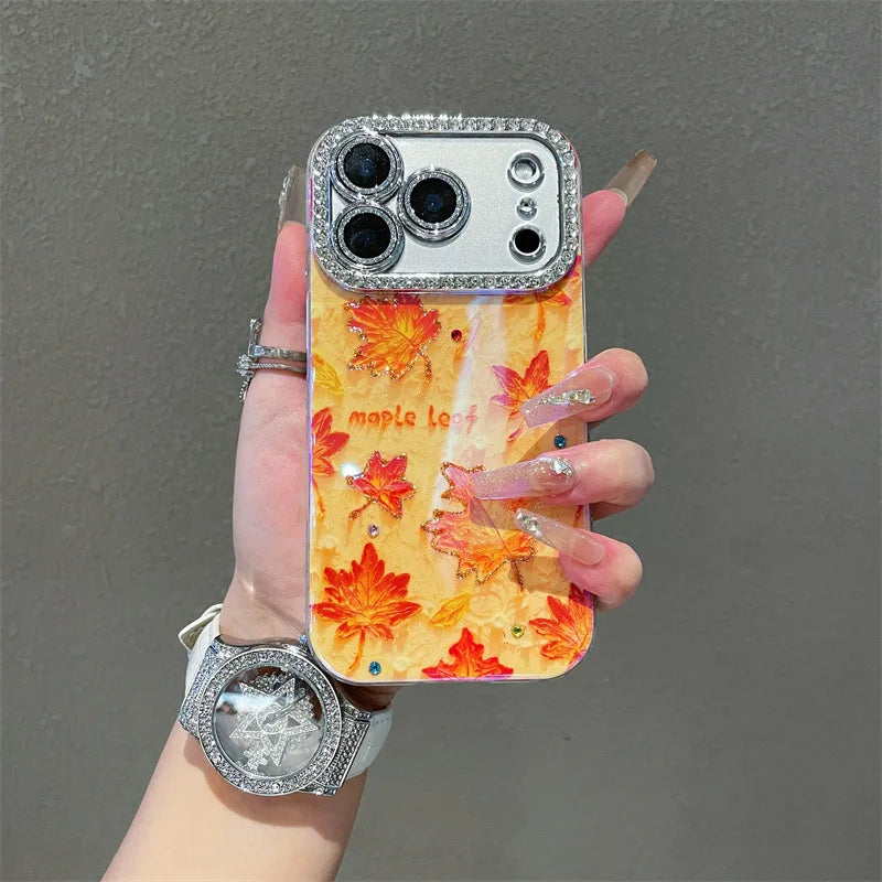 【メイプルリーフ】紅葉 クリア × ラメ オレンジ レンズ周りジュエリー ケース｜iPhone対応 #240917