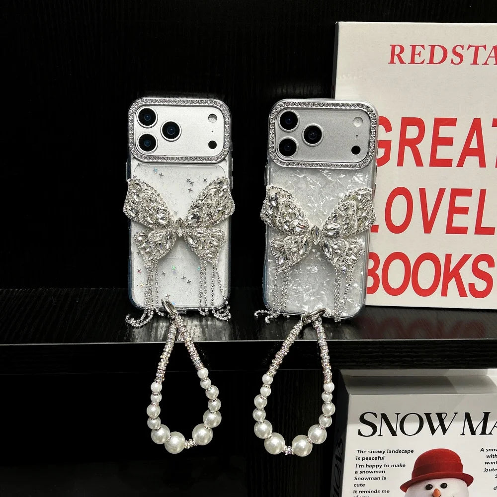 【グリッターバタフライ】キラキラ 蝶々 × ジュエリーチェーン スマホケース｜iPhone対応 #240807