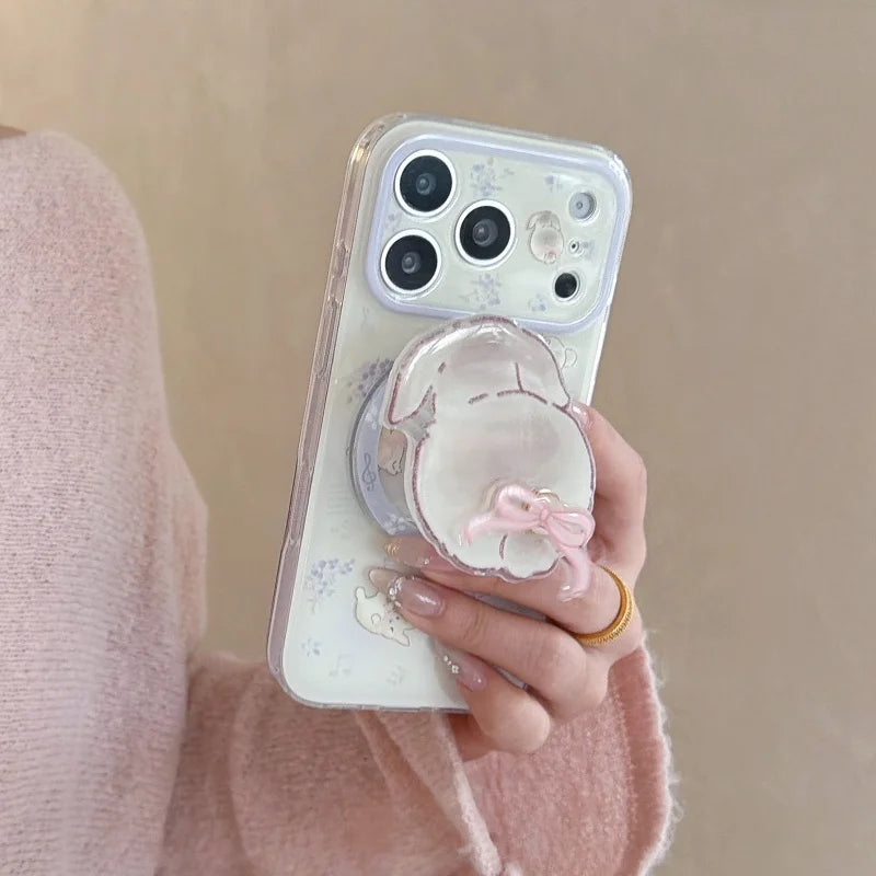 うさぎグリップ 小花×パープル クリア Magnet内蔵 iPhoneケース｜淡色・透明感 #260016