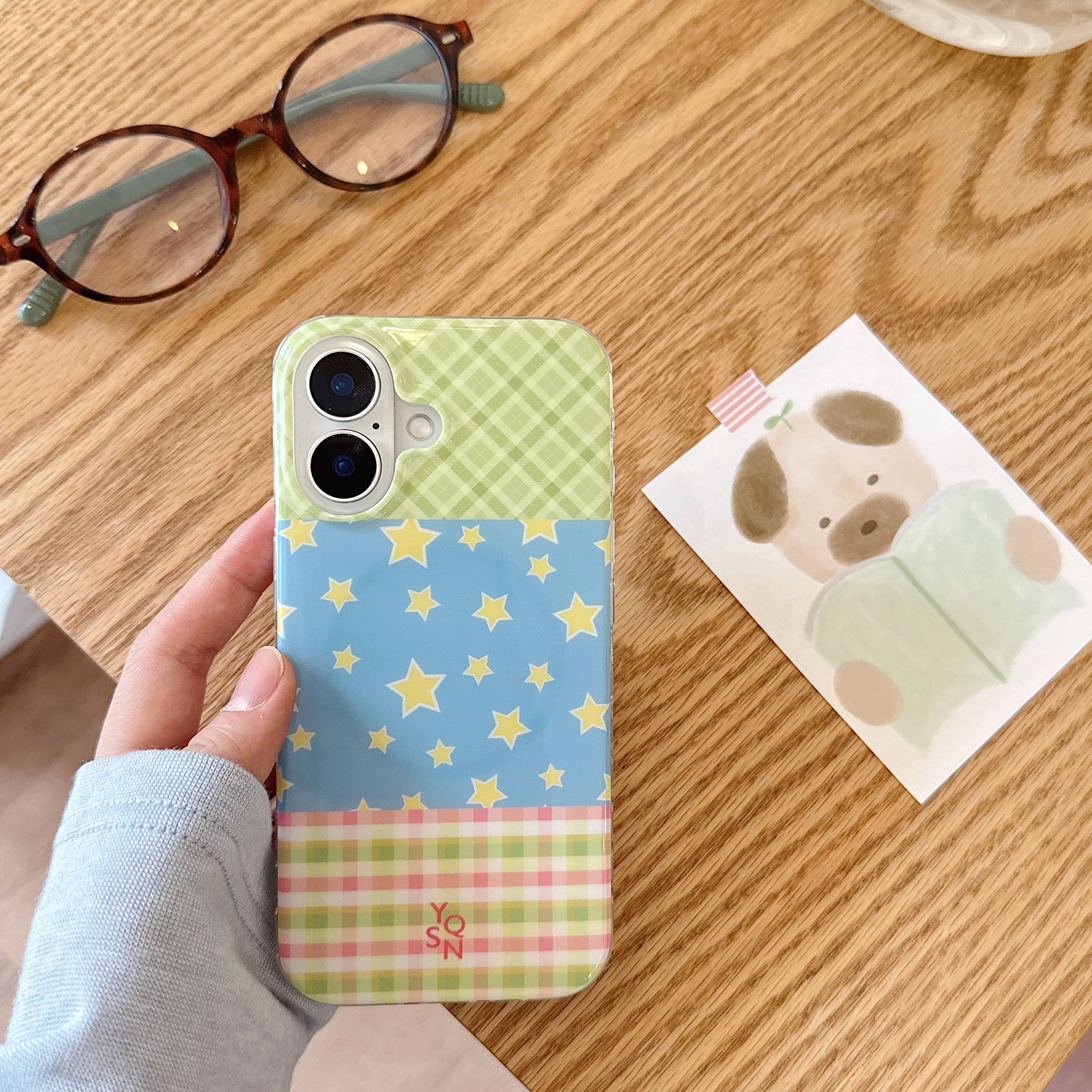 スターグリップ付き パステルチェック iPhoneケース｜ポップデザイン 星柄 スマホケース #260071