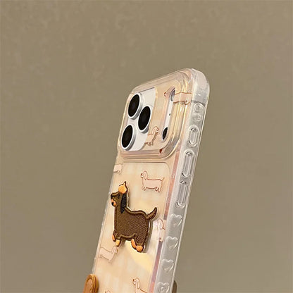 【ミニチュアダックス】刺繍ワッペン × クリアギンガムチェック レザー風 ストラップ付き スマホケース｜iPhone対応  #241221