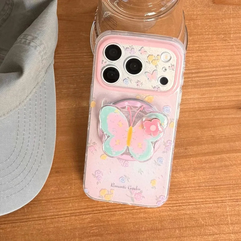 パステルバタフライ Magnet内蔵 立体グリップ付き  iPhoneケース｜フェミニン・淡色デザイン #231117