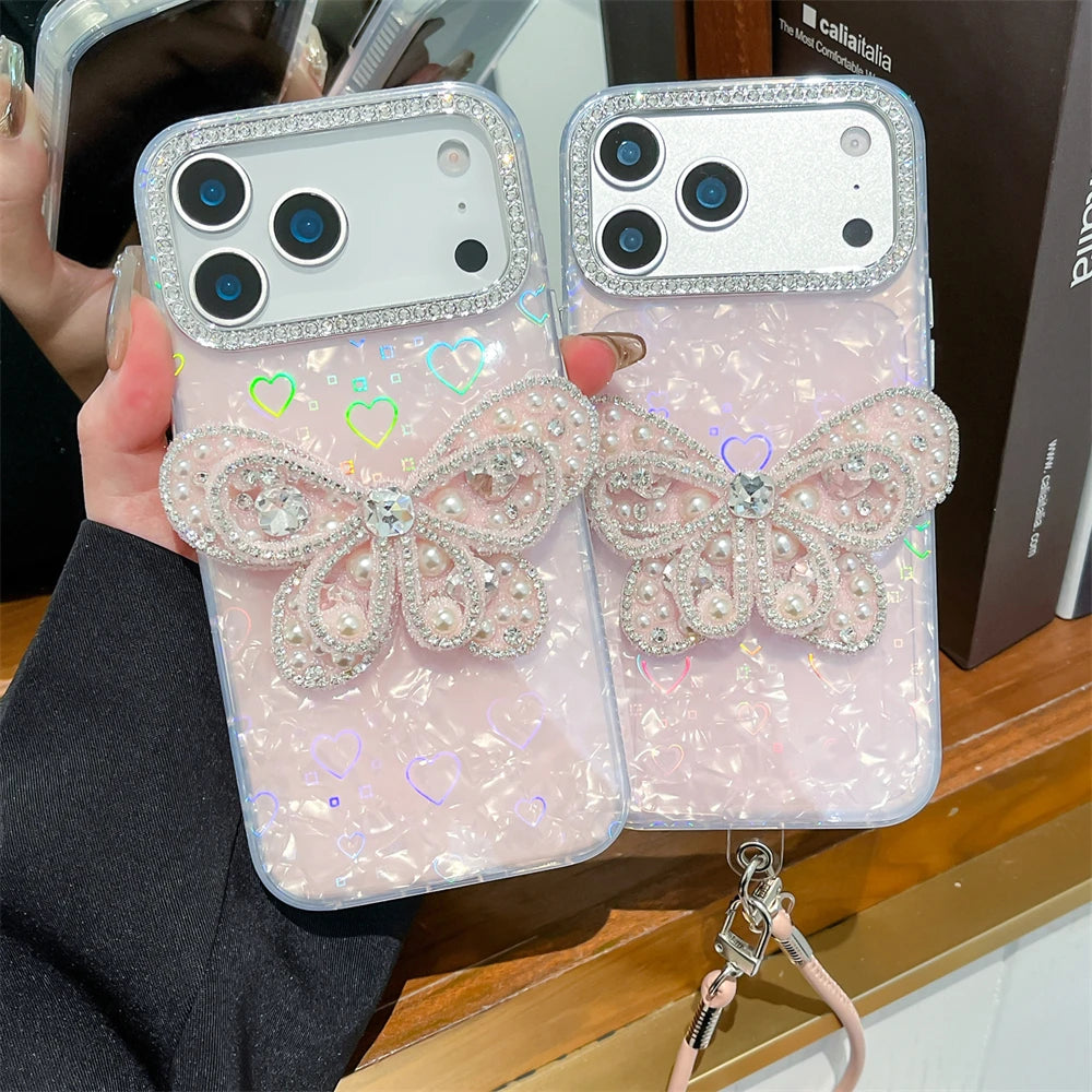 バタフライモチーフ iPhoneケース｜蝶々 パールビジューデザイン・ストラップ付き #240602