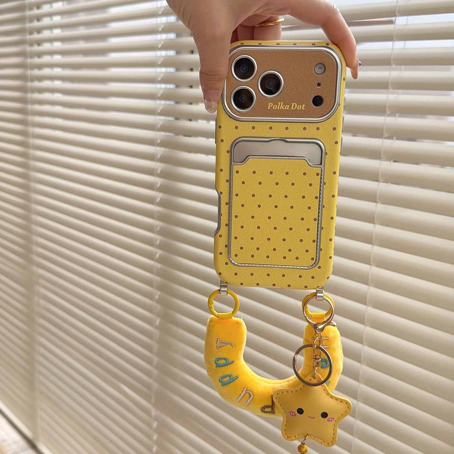 水玉 ドット柄 iPhoneケース｜もこもこスター ハンドルチャーム付き #240526