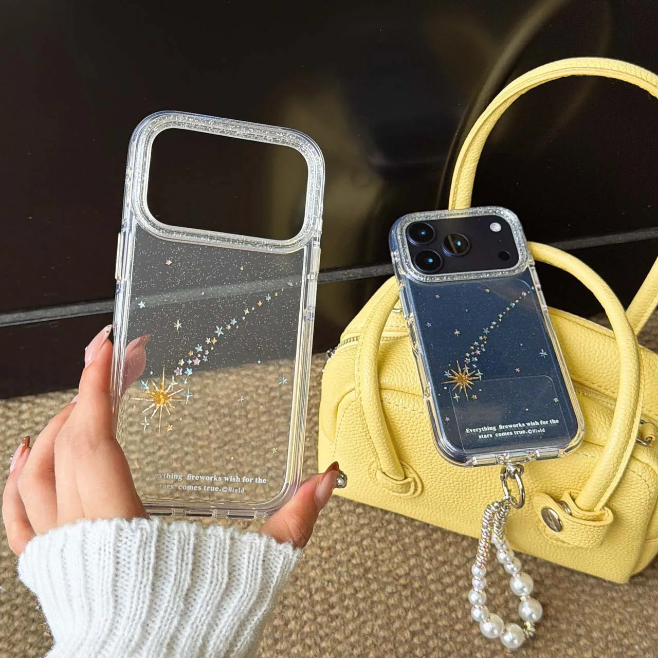 【スター×パールストラップ】キラキララメ 流れ星モチーフ クリア スマホケース｜iPhone対応 #240618
