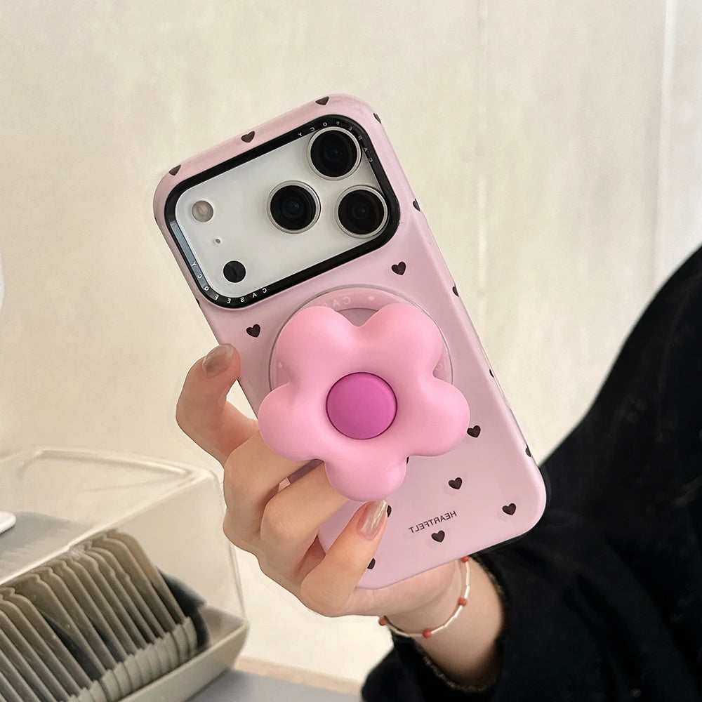 【フラワーハートグリップ】ハートドット×立体フラワーグリップ スマホケース｜iPhone対応 #250330