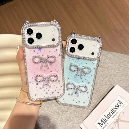 【猫耳シリーズ】ストーン付きリボン ラメデザイン キラキラスマホケース｜iPhone対応 #251203