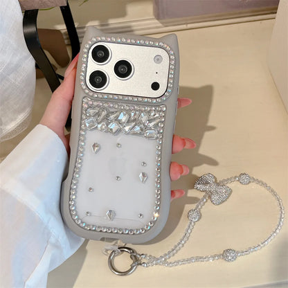 猫耳シリーズ キラキラ リボン ビジューストラップ付き カラーフレーム クリア iPhoneケース #230721