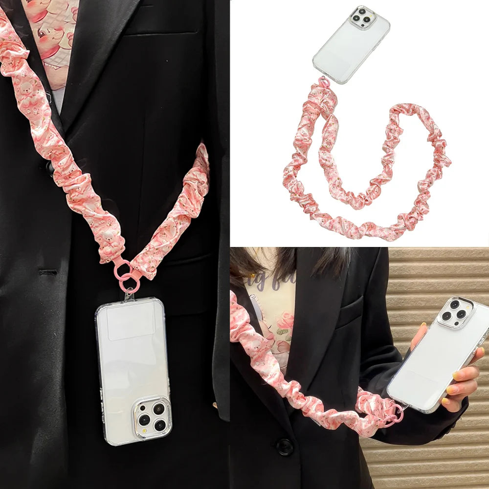 【スマホストラップ】フリルシュシュ風 ロングショルダーストラップ 全5色 レトロ・フェミニン・トレンド #261122