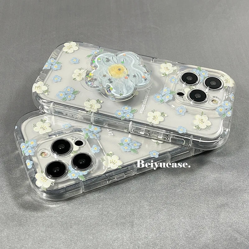 【クリアフラワーグリップ】立体フラワー付き 透明スマホケース｜iPhone対応