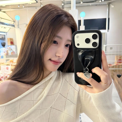 【立体リボン】 ハートチャーム付き ソフトレザー調  iPhoneケース #260207