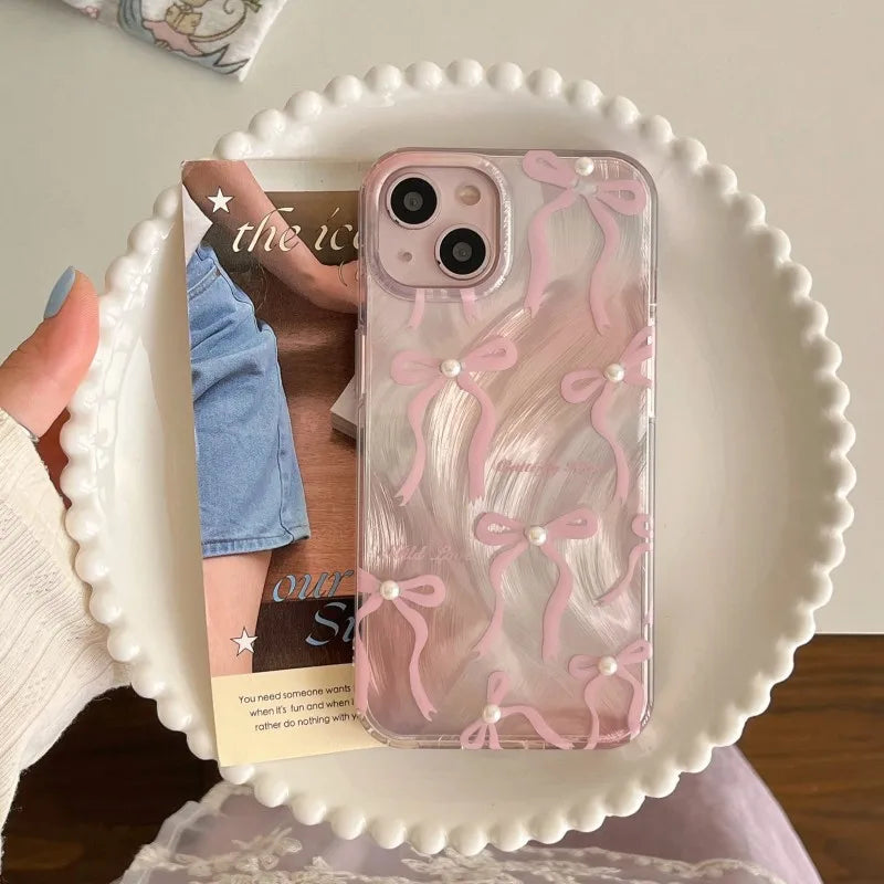 【パールピンクリボン】リボン×パールアクセント スマホケース｜iPhone対応 #250607