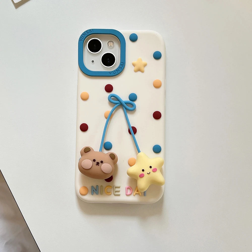【アニマルシリーズ】くま＆スター 立体デザイン かわいいポップカラー スマホケース｜iPhone対応 #251015