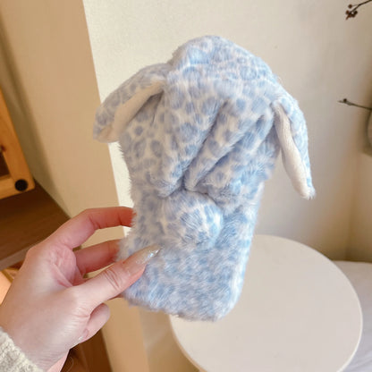 もこもこ 耳付き ラビット アニマルフード レオパード ヒョウ柄 iPhoneケース｜ファー素材 #240424