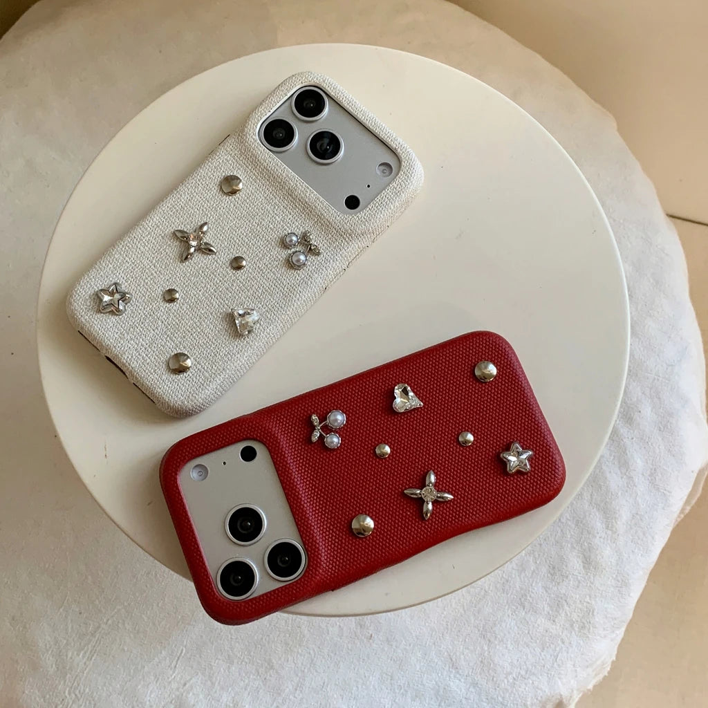 フラワー チェリーモチーフ iPhoneケース｜ビジュー装飾・布調デザイン #240530