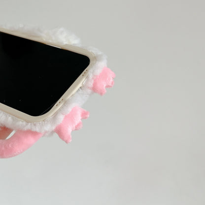 【アニマルフェイスシリーズ】ピンク＆ホワイト モンキー スマホケース｜ふわもこ立体デザイン × 尻尾付き｜iPhone対応 #241129