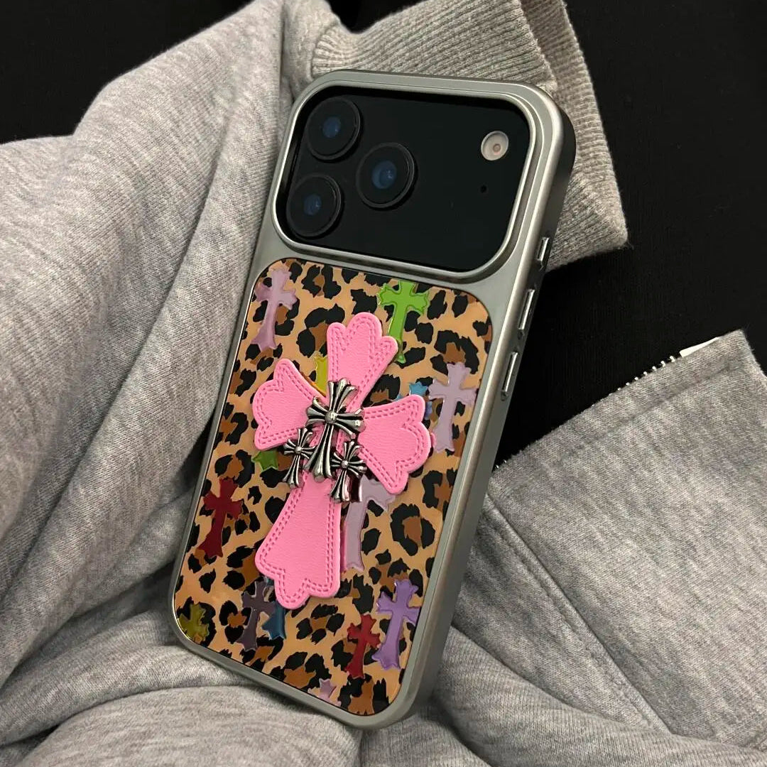 【レオパードクロス】クロスモチーフ × アニマル ヒョウ柄 スマホケース｜iPhone対応 #240801