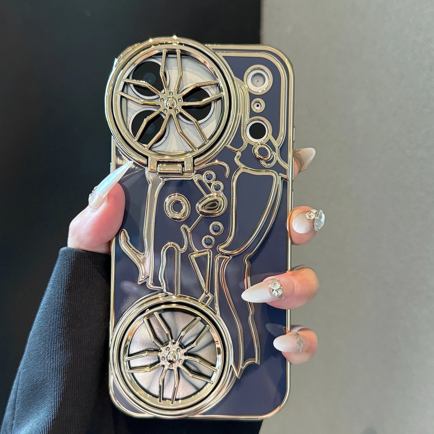 くるくる回る タイヤ 自転車 メタルバイク iPhoneケース｜立体ラインデザイン #240508