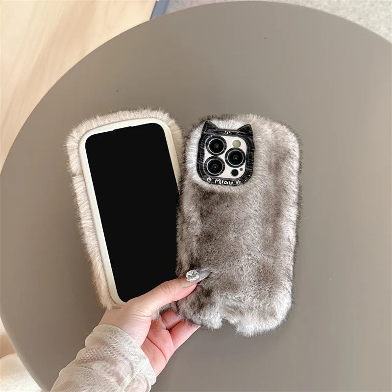 【ミャウファーキャット】猫耳カメラ × ふわふわ ファー スマホケース｜iPhone対応 #250205