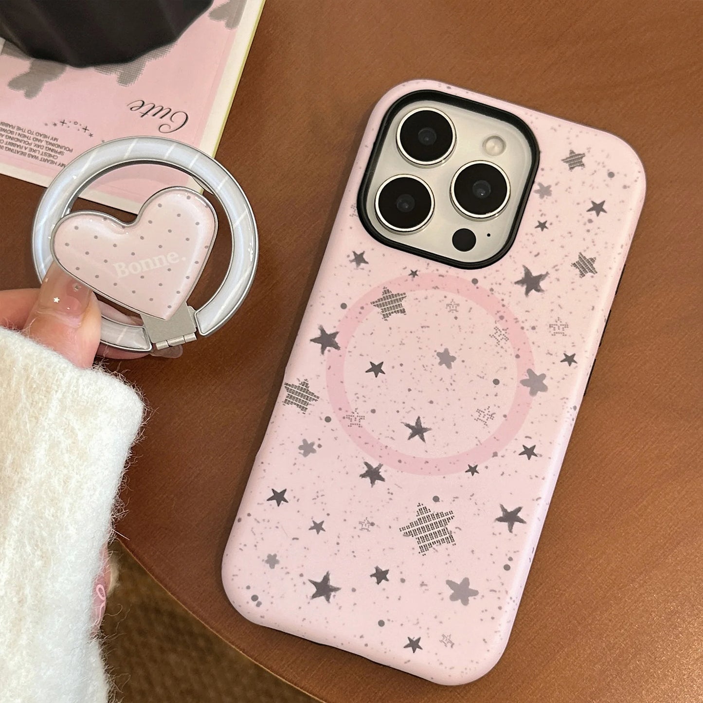 【マグネット式折りたたみハートスタンド付き】スプラッシュインク スター 星屑デザイン ハートリング付きスマホケース｜iPhone対応 #240629