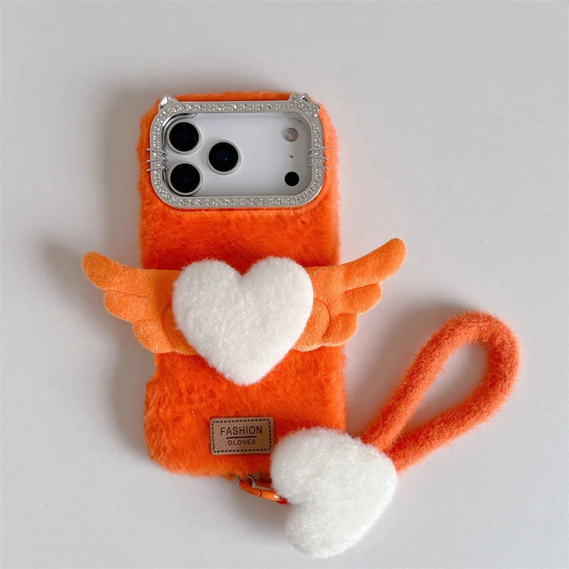 【もこもこエンジェル】ハート × 羽モチーフ ふわふわラブリーケース｜iPhone対応 #240910