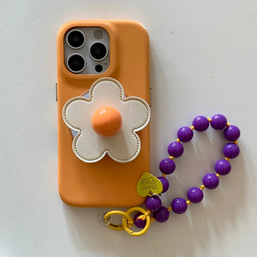 【フラワーシリーズ】立体レトロフラワー ビーズストラップ付き バイカラー スマホケース｜iPhone対応 #251001