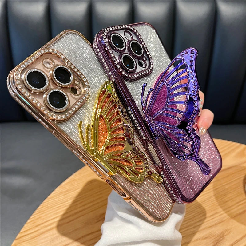 立体メタリック バタフライ iPhoneケース｜グリッター ラメ #240225
