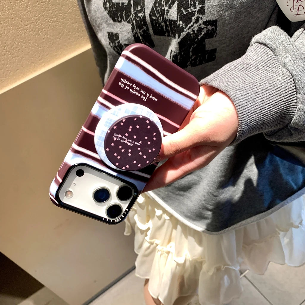 【Magsafe対応】ボルドー マルチカラーストライプ ×ドット スター スタンド スマホケース｜iPhone対応 #241224