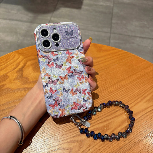 カラフル バタフライ パープルグリッター iPhoneケース｜ビーズストラップ付き #230709