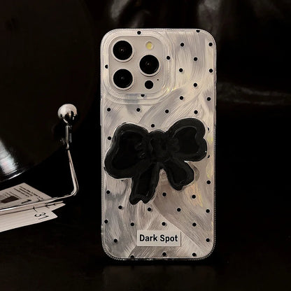 【ダークドット×立体リボンモチーフ】シルバー ホログラム iPhoneケース｜iPhone対応 #250528