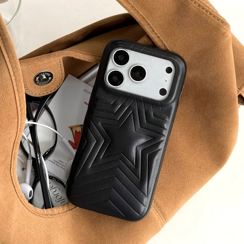 【スターエンボス】立体スター 星柄  型押しステッチ レザー調 スマホケース｜iPhone対応 #240615