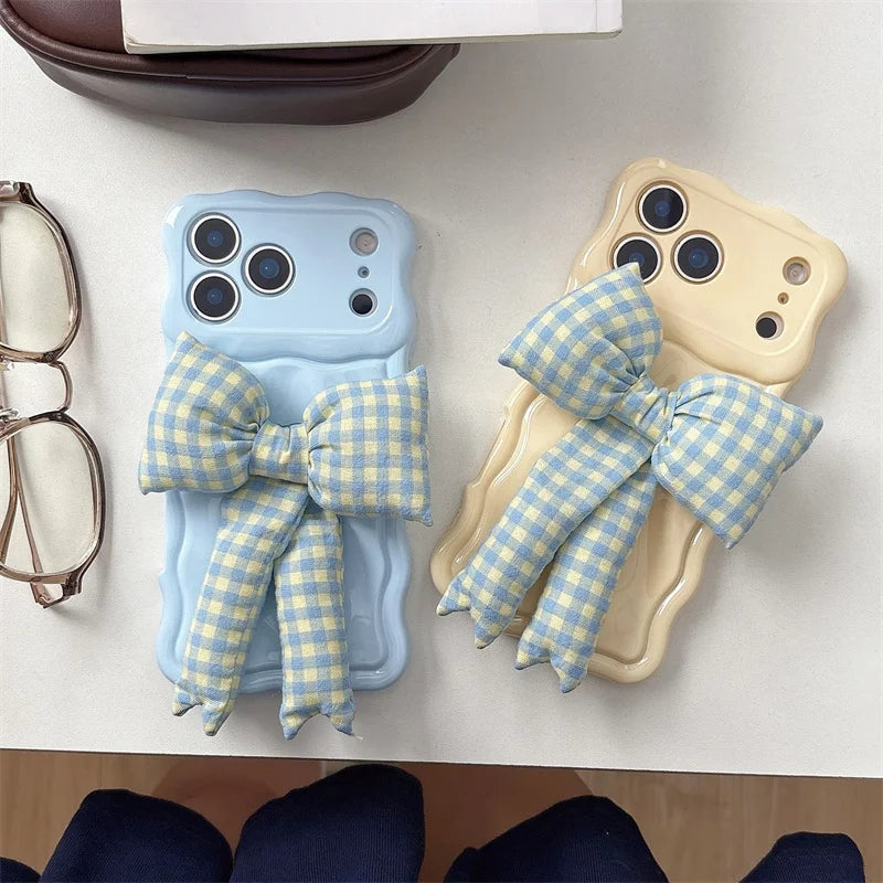 【ウェーブフレーム】ぷっくり 立体 ギンガムチェックリボン スマホケース｜iPhone対応 #241230