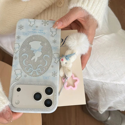 ラビットレース グリッターiPhoneケース｜うさぎモチーフ・キラキラフレーム・ファーチャーム付き #240501