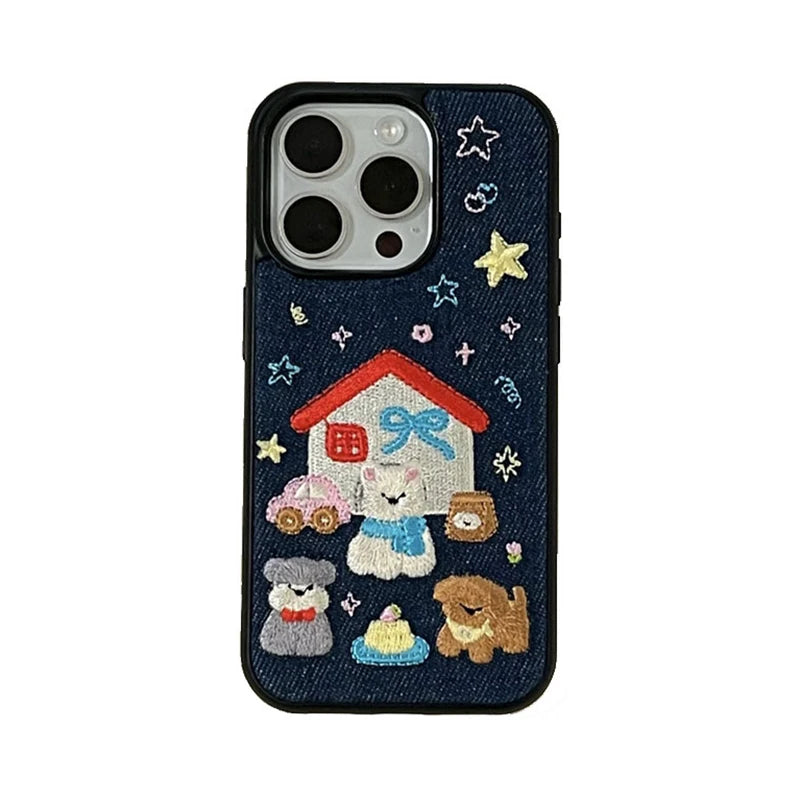 【デニムアニマルハウス】刺繍風×デニムファブリック スマホケース｜iPhone対応 #250609